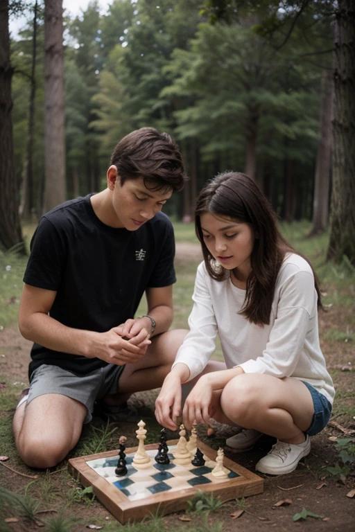 A boy and a girl playing chess in a forest