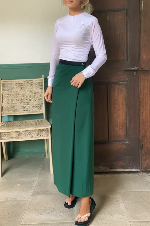 A school teacher is 30years old.Tall, thin, big hips, big breasts, blonde hair, small lips, blue eyes, attractive, 64K.Top=white Burmese blouse,With long sleeves,Buttoned at the side.Bottom=(Dark green) long skirt.
Footwear=female Burmese sandals,The hair is knotted bun.European.