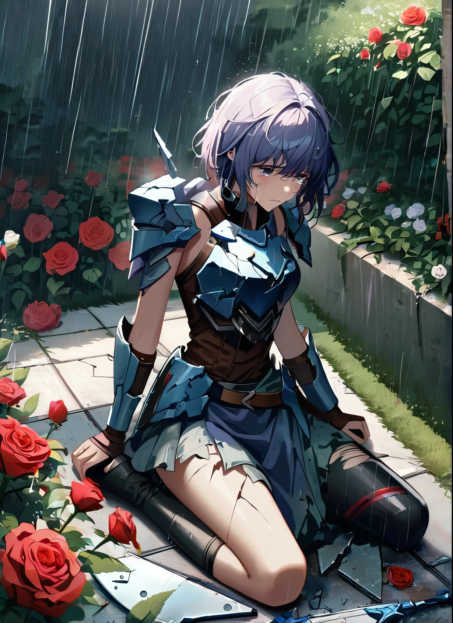 A girl, kneeling in the floor, wearing a shattered and broken armor, missing pieces ,ripped clothes, broken helmet ,broken shield  and broken sword, in tears, sad, dramatic scene, tears flowing in the face, garden, roses, rain, ultra detailed face 