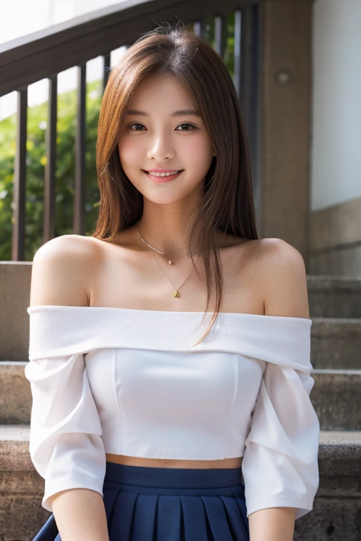 ((Whole body 1.4)),masterpiece, highest quality, Photorealistic, Very detailed, finely, High resolution, 8k wallpaper, Professional, High level of detail, Female college student standing on canvas stairs, Slender Japan woman, ((Look forward)), Collarbone Detail, Medium Chest、Perfect Face, Straight hair, White off-shoulder top with an open neckline、mini skirt、Cleavage、Smiling Kindly,Bare legs