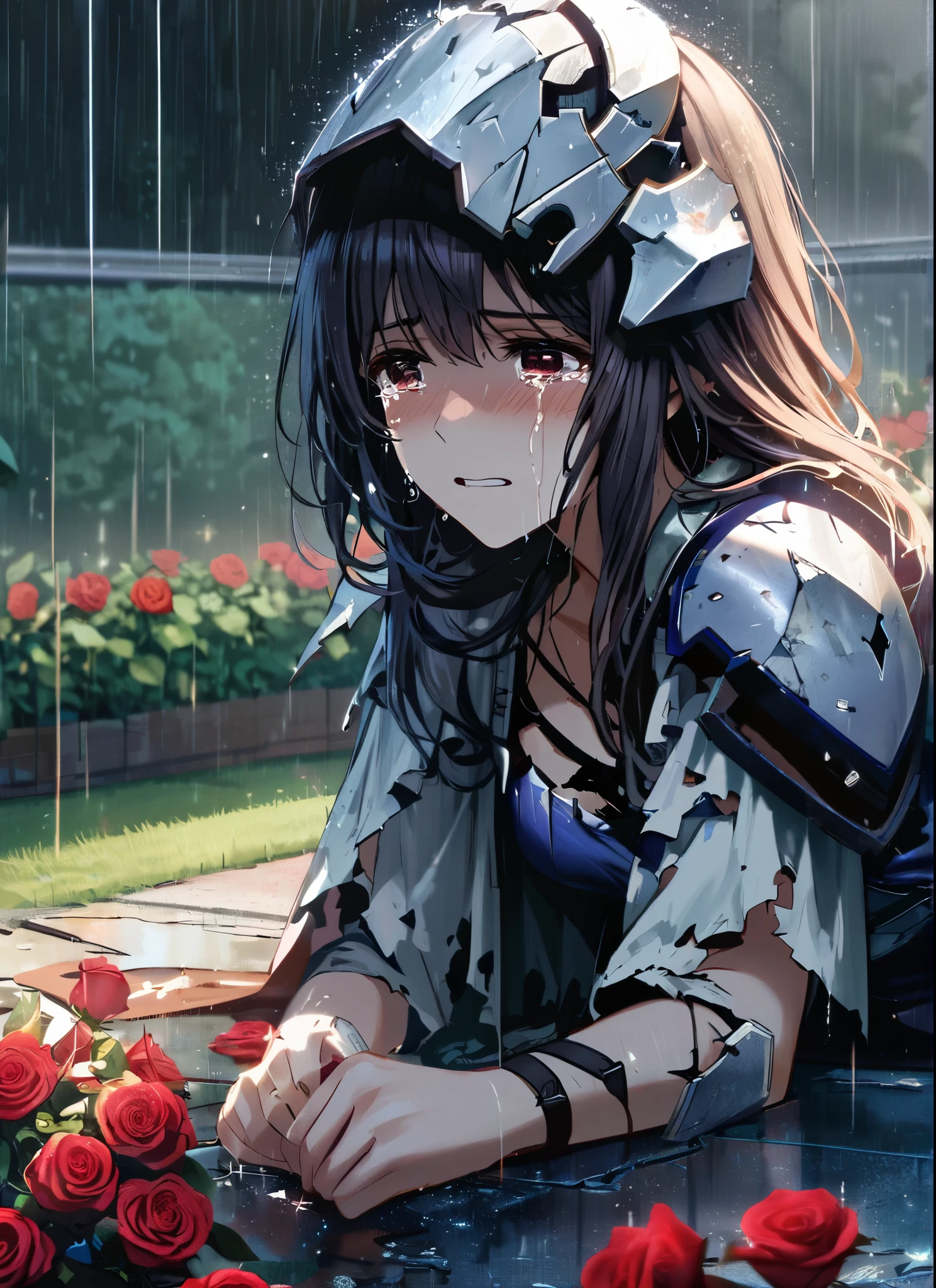 A girl, kneeling in the floor, wearing a shattered and broken armor, missing pieces ,ripped clothes, broken helmet ,broken shield and broken sword, in tears, sad, dramatic scene, tears flowing in the face, garden, roses, rain, ultra detailed face