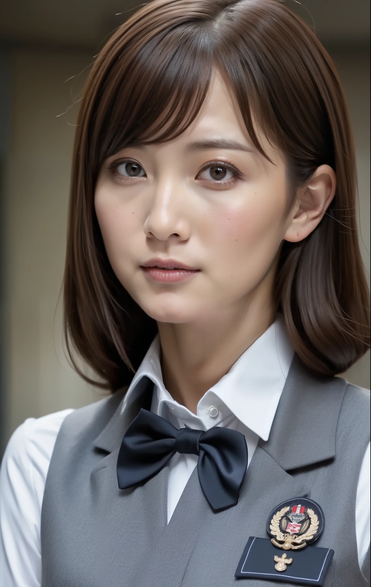 masterpiece,best quality, (one milf in uniform), ((portrait:1.5)), makeup:1.5, light brown hair, bangs pinned back, elegant grey vest, bow tie, white shirt, touch own big chest, ((seduction expression)),