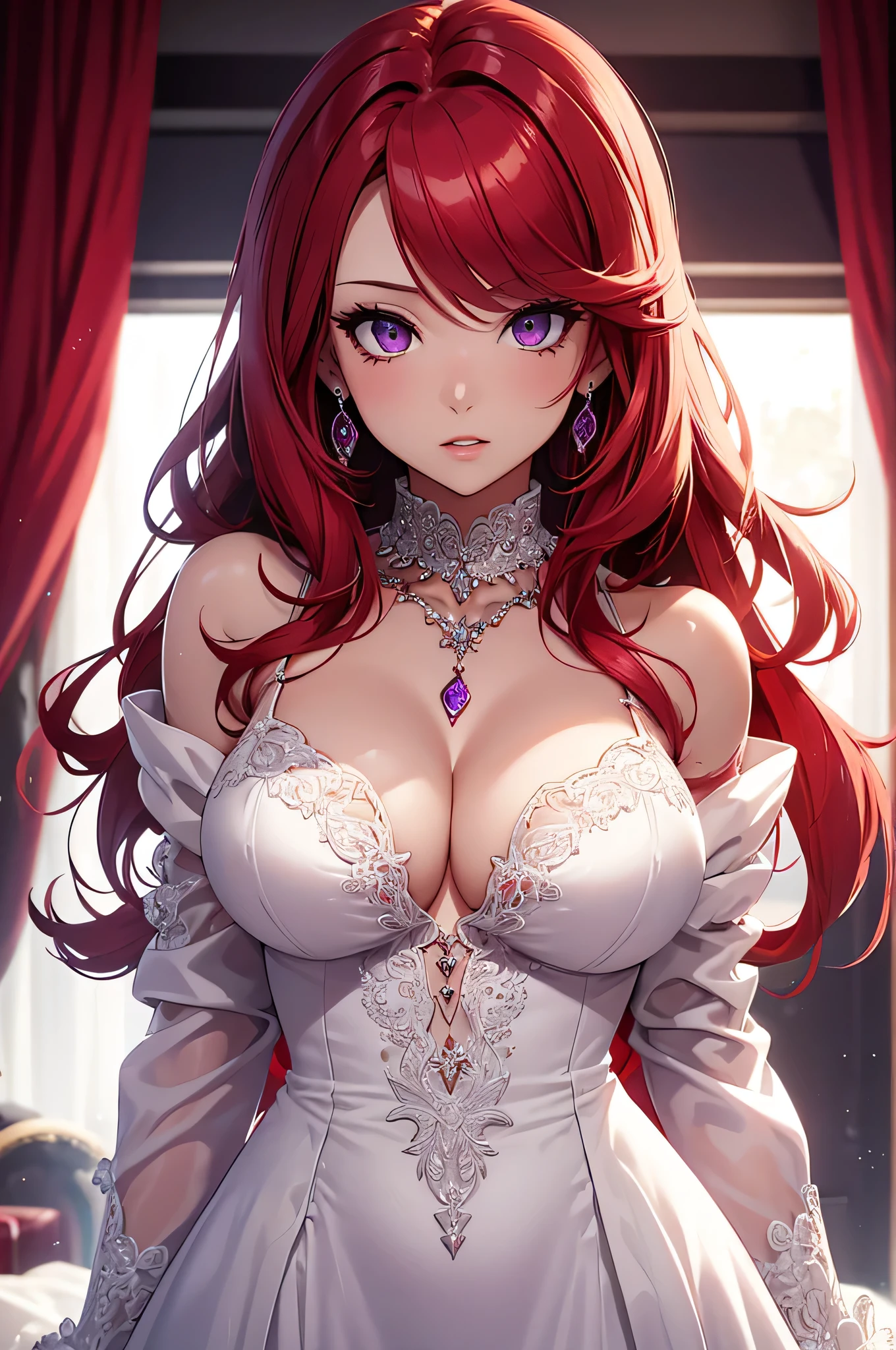 Highest quality、highest quality、Highest Resolution、beautiful girl, Bright red hair、Big Tits、 Detailed purple eyes, White luxury dress,Firm breasts,Big cleavage、necklace、Earrings、In close range、 look、Poses that accentuate the chest