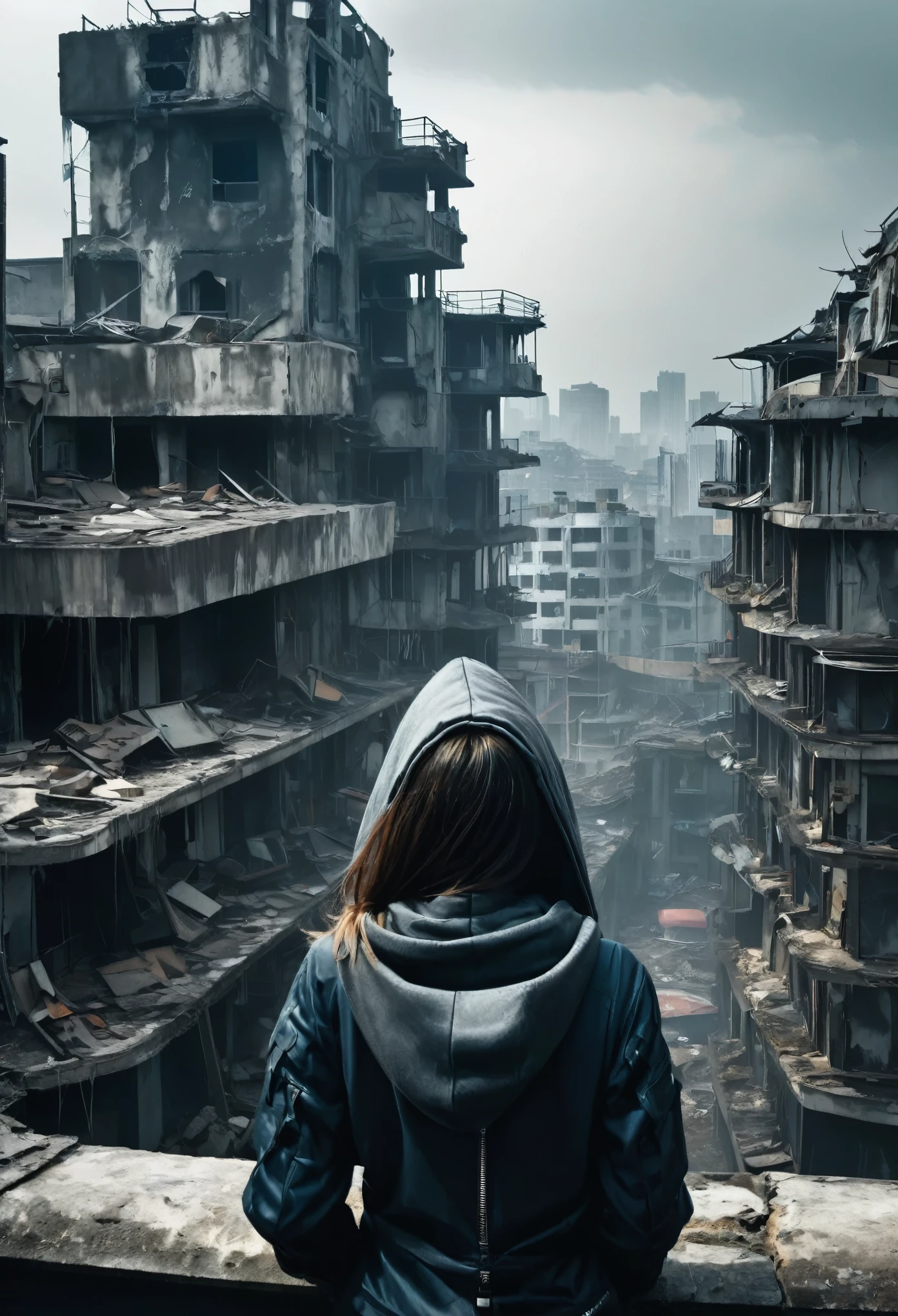 image taken from above and behind the shoulder of a GIRL with her back turned and DRESSED IN A HOOD from a second floor balcony of a dilapidated futuristic building, She is looking at an aerial view of an ultra-futuristic North American megalopolis, distopia, lixo nas ruas, curved buildings in ruins, apocalypse moderno, view of the entire city with many wide, cylindrical buildings and metal houses in dark colors from dark blue to black and in ruins, the apocalyptic city has shades of metal gray, has smoky metal structures , It&#39;s raining, there are puddles of water in the streets, apocalyptic industrial environment with smoke and fog around, carros escuros nas ruas, tem viadutos largos e longos e bifurcados no meio da cidade, desert megalopolis, trilhos e trens modernos de de metal passando estre as ruas da cidade, tall futuristic metal buildings, many ultra modern buildings around, , as realistic as possible, As detailed as possible, imagem realista, Science fiction
