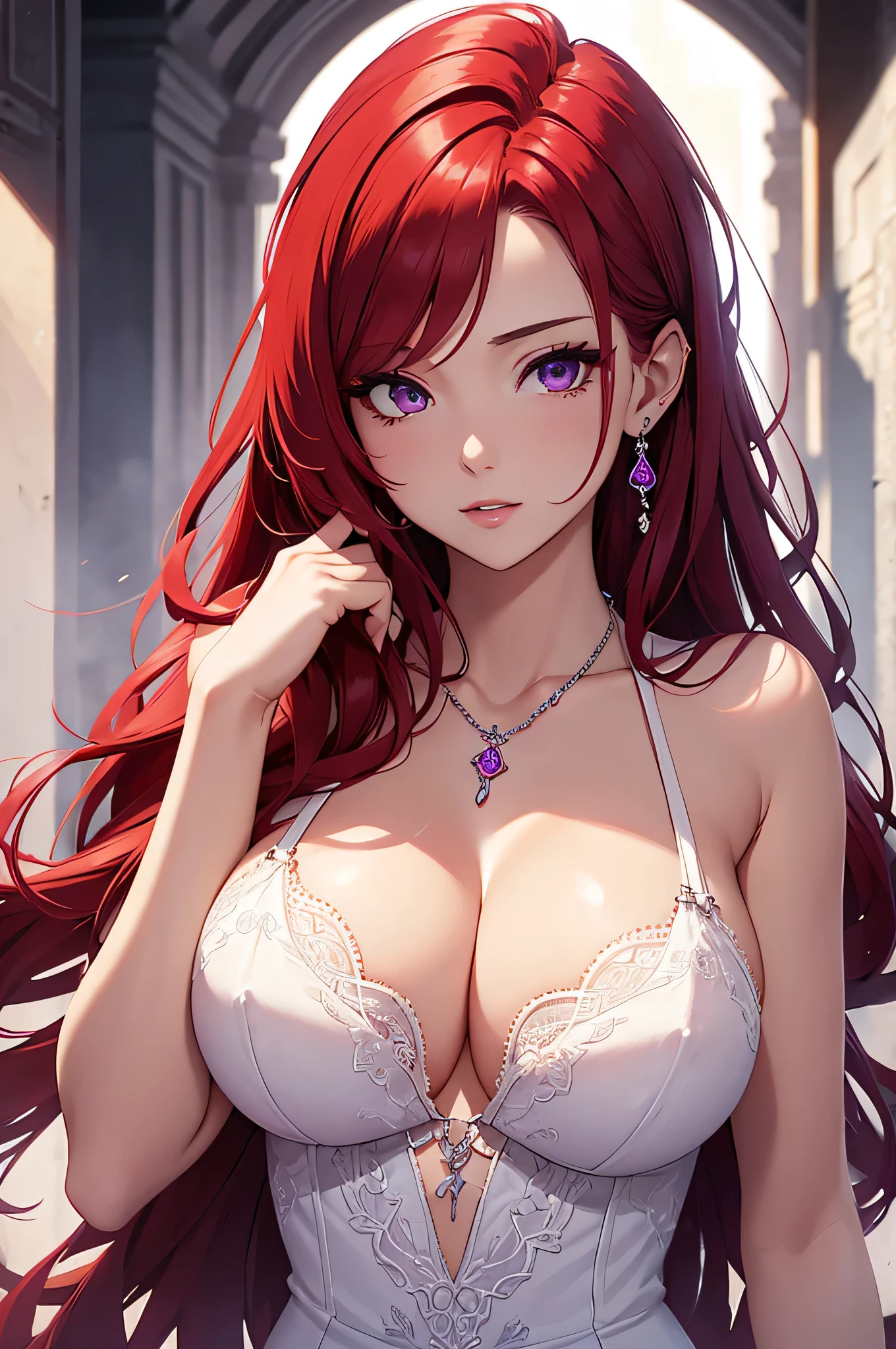 Highest quality、highest quality、Highest Resolution、beautiful girl, Bright red hair、Big Tits、 Detailed purple eyes, White luxury dress,Firm breasts,Big cleavage、necklace、Earrings、In close range、Sexy look、Poses that accentuate the chest