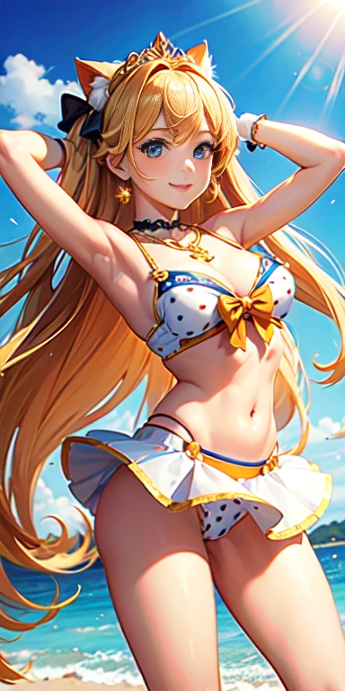 masterpiece, highest quality, High resolution, Venus 1, 1 girl, alone, Polka dot bikini, Sailor Venus, aino minako, Blonde, Magical girl, blue eyes, Elbow-length gloves, tiara, Hair Bow, Orange Sailor Necklace,  choker, Red Bow, orange choker, White gloves, Very long hair, jewelry, Earrings, Bottom View, ((Intricate details)), smile，Cat Pose，