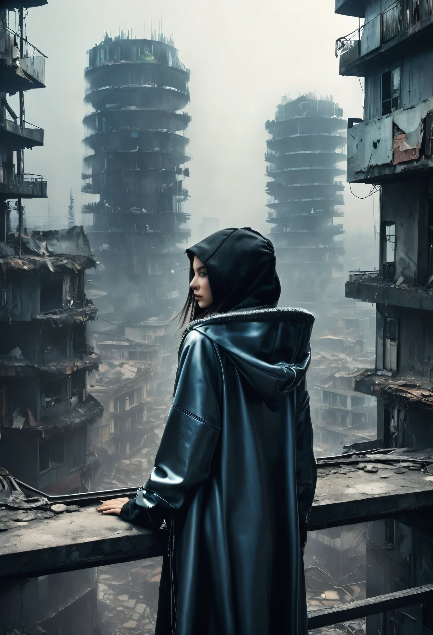 image taken from above and behind the shoulder of a GIRL with her back turned and DRESSED IN A HOOD from a second floor balcony of a dilapidated futuristic building, She is looking at an aerial view of an ultra-futuristic North American megalopolis, distopia, lixo nas ruas, curved buildings in ruins, apocalypse moderno, view of the entire city with many wide, cylindrical buildings and metal houses in dark colors from dark blue to black and in ruins, the apocalyptic city has shades of metal gray, has smoky metal structures , apocalyptic industrial environment with smoke and fog around, carros escuros nas ruas, tem viadutos largos e longos e bifurcados no meio da cidade, desert megalopolis, trilhos e trens modernos de de metal passando estre as ruas da cidade, tall futuristic metal buildings, many ultra modern buildings around, , as realistic as possible, As detailed as possible, imagem realista, Science fiction