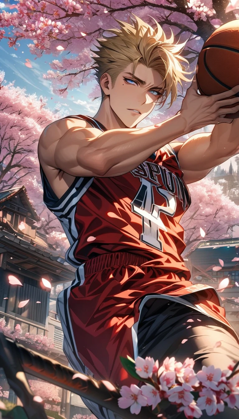 Ultra detailed, Highres, HDR, absurdres, Vash Stampede, expressive blue eyes, blond hair, Trigun, sexy man, handsome, solo, extremely detailed face and eyes, petals, blossoms, spring, master piece, basketball uniform, cherry blossoms, mole under his eye,