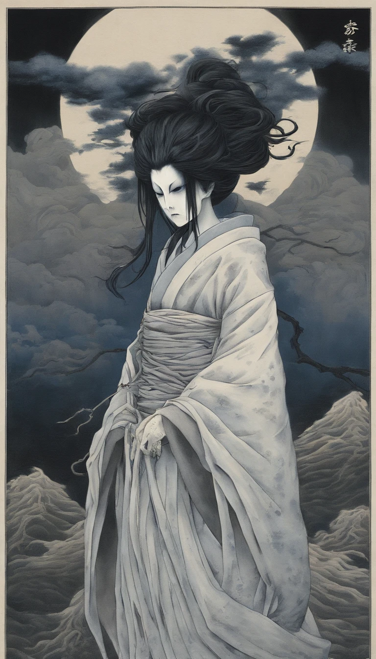 White burial kimono (White robes, shiro-shōzoku) or shini-shōzoku (Disguised to death).
Wild, unkempt long black hair that often hides their face until they choose to reveal it.
Face make-up consisting of white foundation (oshiroi) coupled with dramatic face painting (kumadori) of blue shadows (Aikuma, aiguma)
ghost woman Onryō 