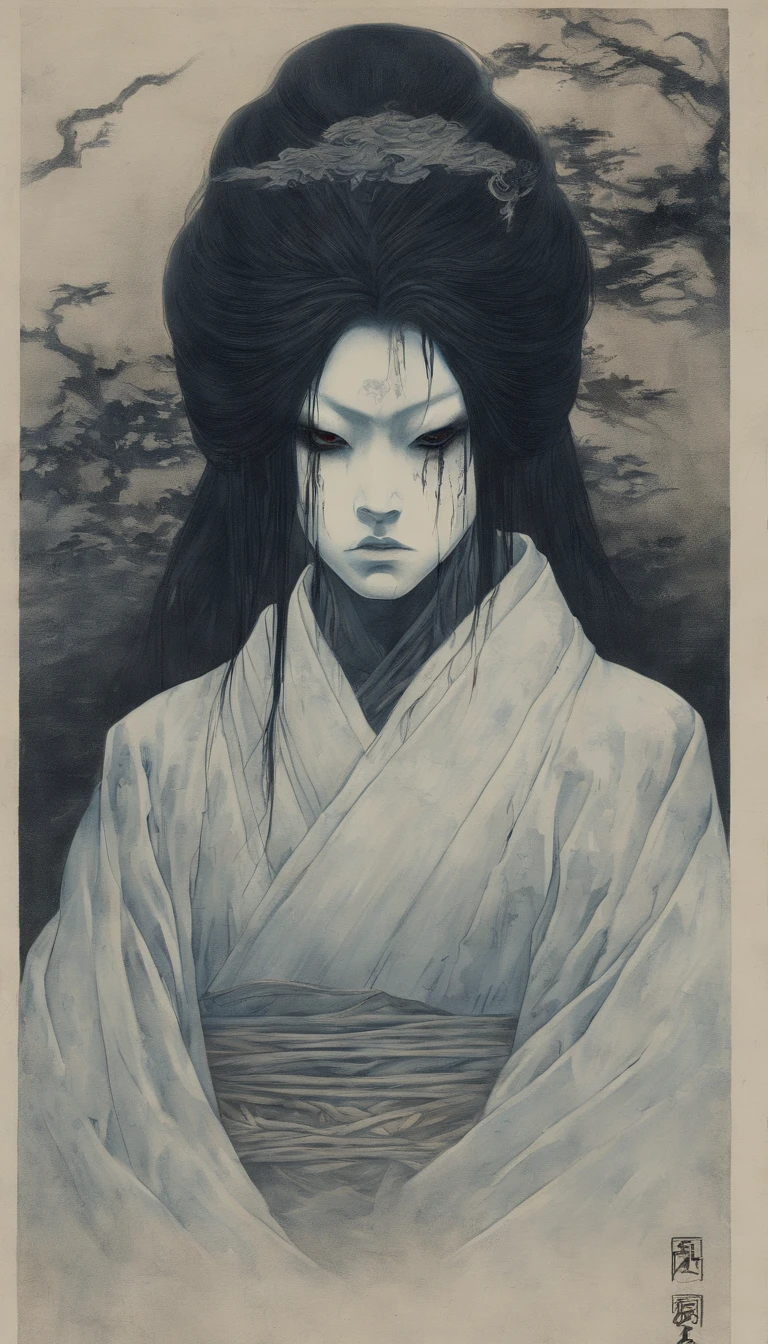 White burial kimono (White robes, shiro-shōzoku) or shini-shōzoku (Disguised to death).
Wild, unkempt long black hair that often hides their face until they choose to reveal it.
Face make-up consisting of white foundation (oshiroi) coupled with dramatic face painting (kumadori) of blue shadows (Aikuma, aiguma)
ghost woman Onryō