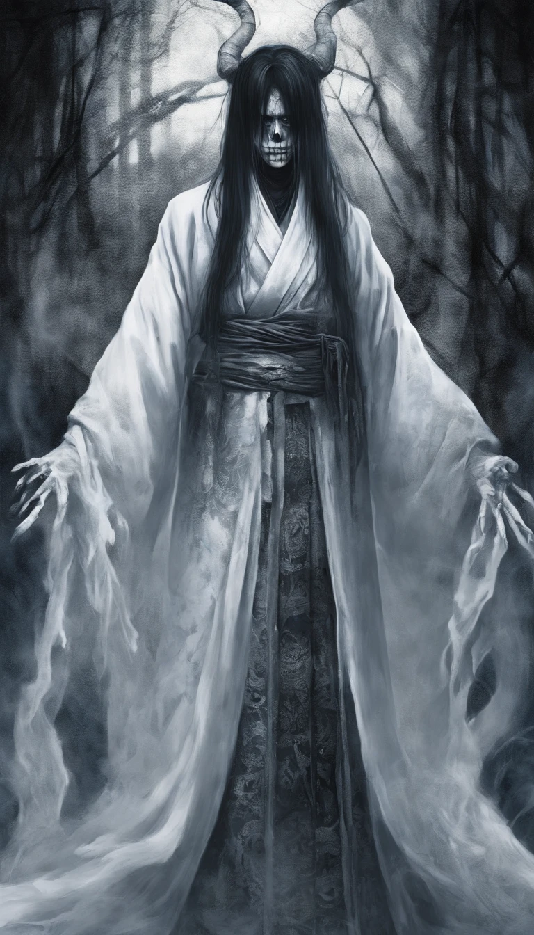 White burial kimono (White robes, shiro-shōzoku) or shini-shōzoku (Disguised to death).
Wild, unkempt long black hair that often hides their face until they choose to reveal it.
Face make-up consisting of white foundation (oshiroi) coupled with dramatic face painting (kumadori) of blue shadows (Aikuma, aiguma)
ghost woman Onryō