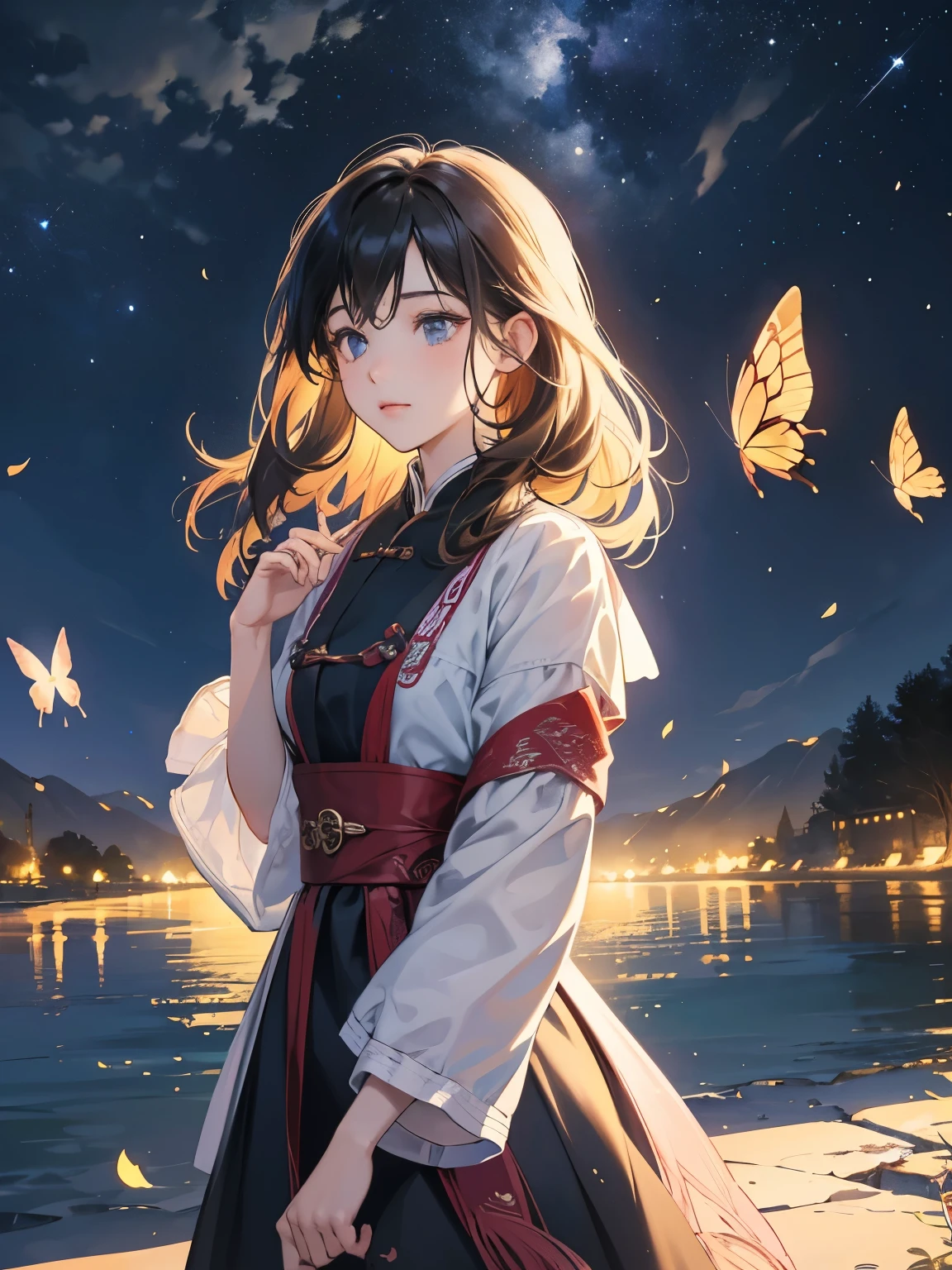 The original, (masterpiece), (illustration), (Extremely beautiful), (perfect details), (Unity CG 8K Wallpaper:1.05), (Beautiful clear background:1.25), (Depth of Field:0.7),1 Girl,huanxiaoyi , (Standing by the river:1.15).(Hair flutters in the wind:1.1),Butterflies flying around, (moonlight:0.6), Tree, (summer), (night:1.2), (close up:0.35), (Gloves:0.8), Solitary ,