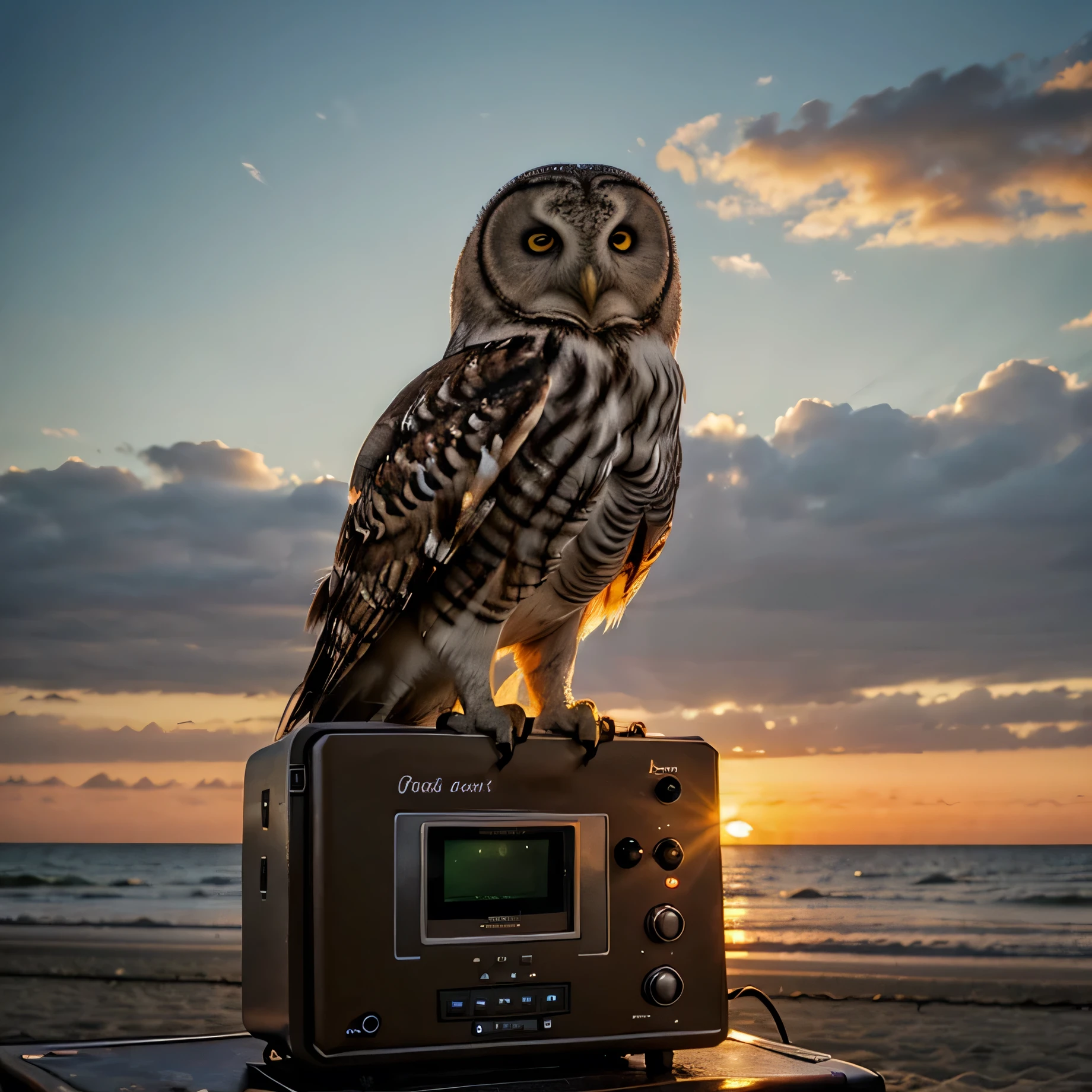 oil painting of an owl watching the sunset on the beach on top of a ham radio.