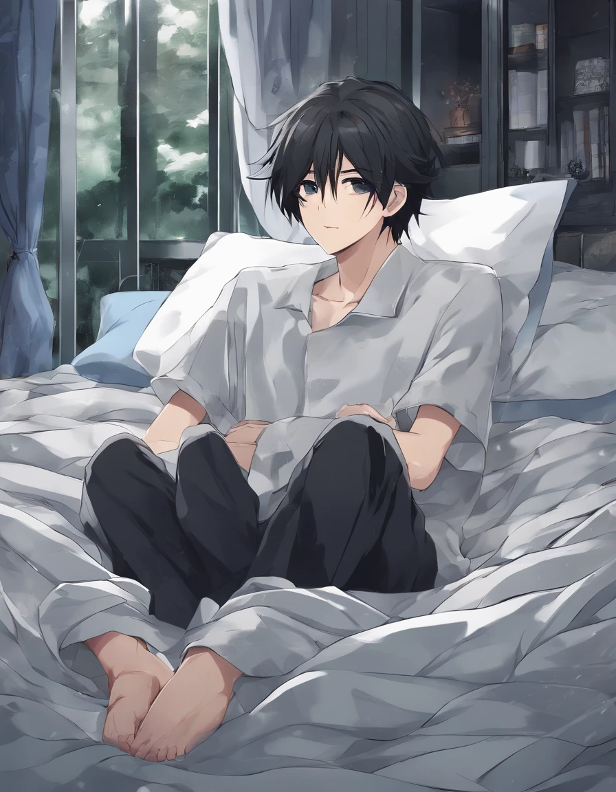 ((masterpiece,best quality)), 1 boyl,expressionless,dororo, upper body, close range, sad, laying on bed with rope on his neck. With lots of other ropes laying on bed. Black hair, dark eyes, teary eyes, looking at the viewer, fish eye lenses, grey shirt and black trouser, pal bed, laying head on pillow, slightly dark room, grey blanket, floor flooded with water, bed on water, depression.