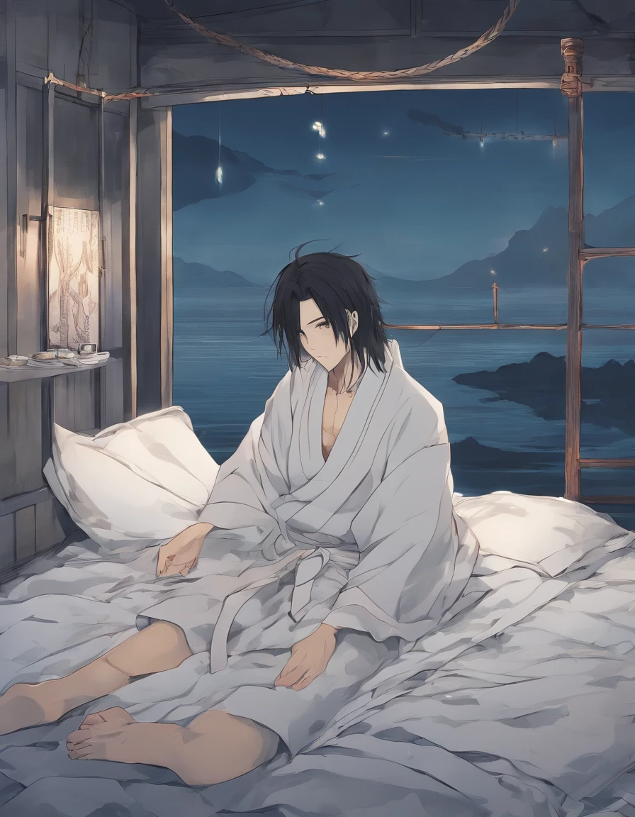 ((masterpiece,best quality)), 1 boyl,expressionless,dororo, upper body, close range, sad, laying on bed with rope on his neck. With lots of other ropes laying on bed. Black hair, dark eyes, teary eyes, looking at the viewer, fish eye lenses, grey shirt and black trouser, pal bed, laying head on pillow, slightly dark room, grey blanket, floor flooded with water, bed on water, depression.