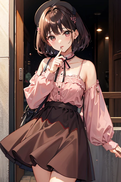 Dark brown short hair、Brown eyes、pink lace clothes、Black Skirt