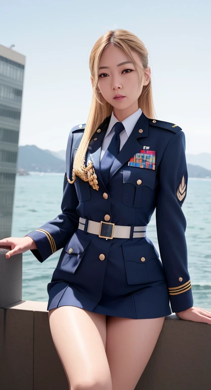 highest quality、8K、Super detailed, arafed woman In uniform posing on a wall near the water, wearing uniform, wearing a uniform, Full uniform, uniformを着用する, In uniform女の子, in uniform, JK Uniform, uniform, Full Dress Uniform, uniformを着て, Blue Uniform, In uniform, Perfect military calm, Wear a general\Uniform,Real Photo:1.6
