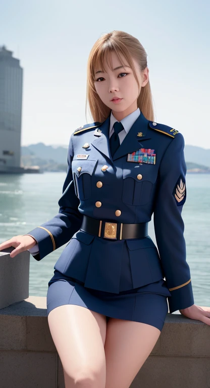 highest quality、8K、Super detailed, arafed woman In uniform posing on a wall near the water, wearing uniform, wearing a uniform, Full uniform, uniformを着用する, In uniform女の子, in uniform, JK Uniform, uniform, Full Dress Uniform, uniformを着て, Blue Uniform, In uniform, Perfect military calm, Wear a general\Uniform,Real Photo:1.6