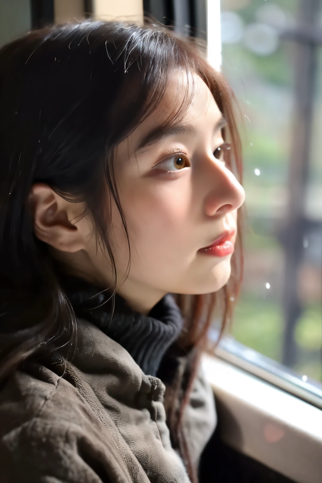 close-up of Sarah's serene face as she watches the rain outside the window