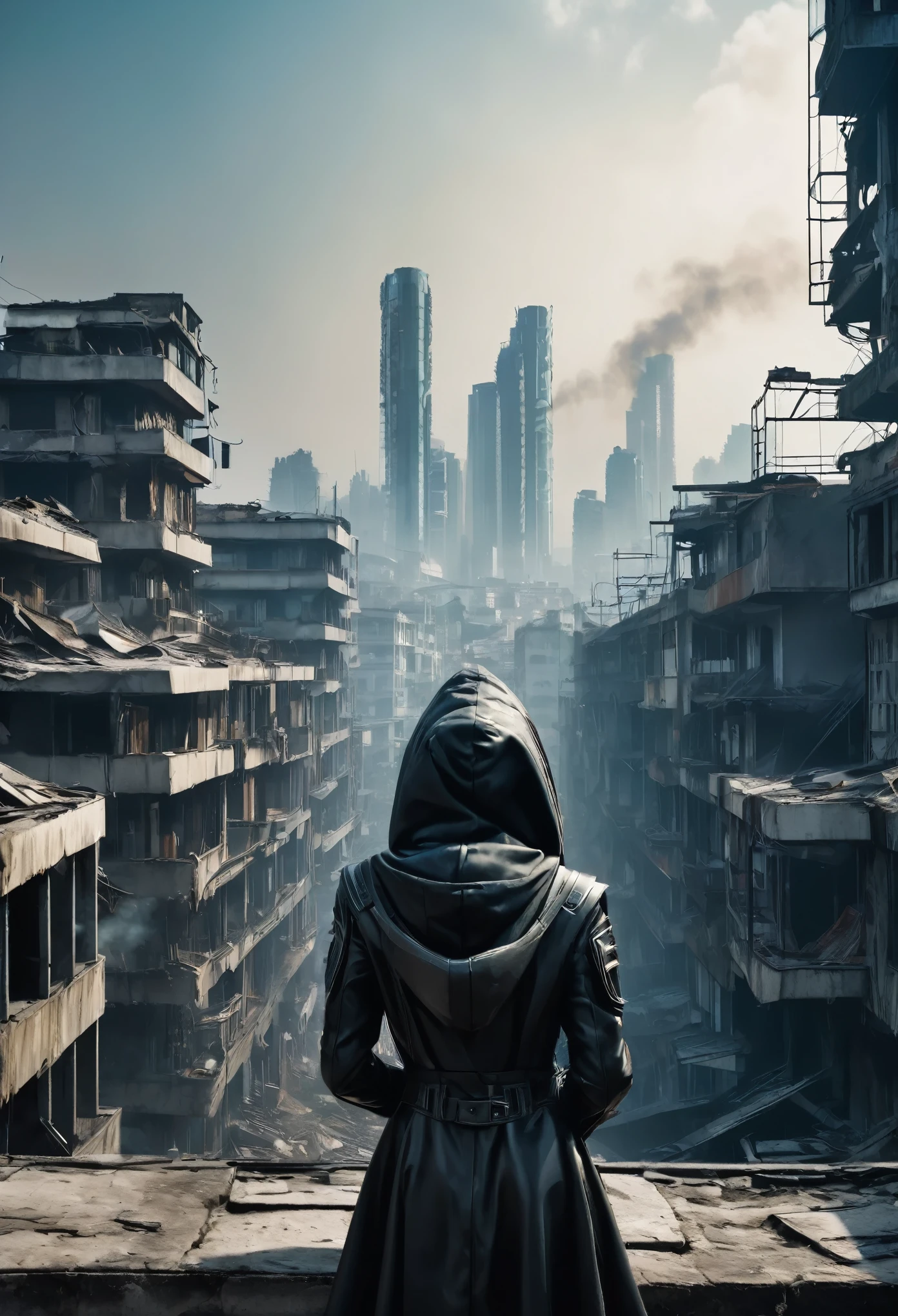 image taken from behind the shoulder of a GIRL with her back turned and DRESSED IN A HOOD from a second floor balcony of a dilapidated futuristic building, She is looking at an aerial view of an ultra-futuristic North American megalopolis, distopia, curved buildings in ruins, apocalypse moderno, view of the entire city with many wide, cylindrical buildings and metal houses in dark colors from dark blue to black and in ruins, the apocalyptic city has shades of metal gray, has smoky metal structures , apocalyptic industrial environment with smoke and fog around, carros escuros nas ruas, tem viadutos largos e longos e bifurcados no meio da cidade, desert megalopolis, trilhos e trens modernos de de metal passando estre as ruas da cidade, tall futuristic metal buildings, many ultra modern buildings around, , as realistic as possible, As detailed as possible, imagem realista, Science fiction
