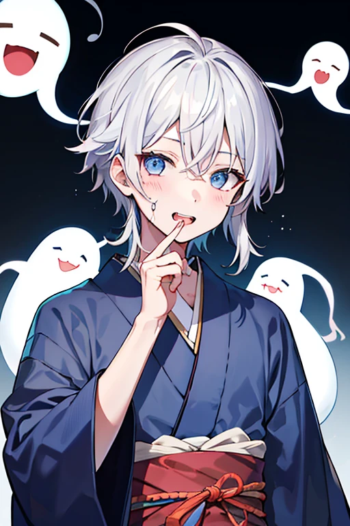 ghost One Boy Silver Hair Blue Eyes Costume kimono ghostの角 Mouth open, teeth visible 歯はghostの牙 Looking at me Upper Body Blood on cheek One Boy