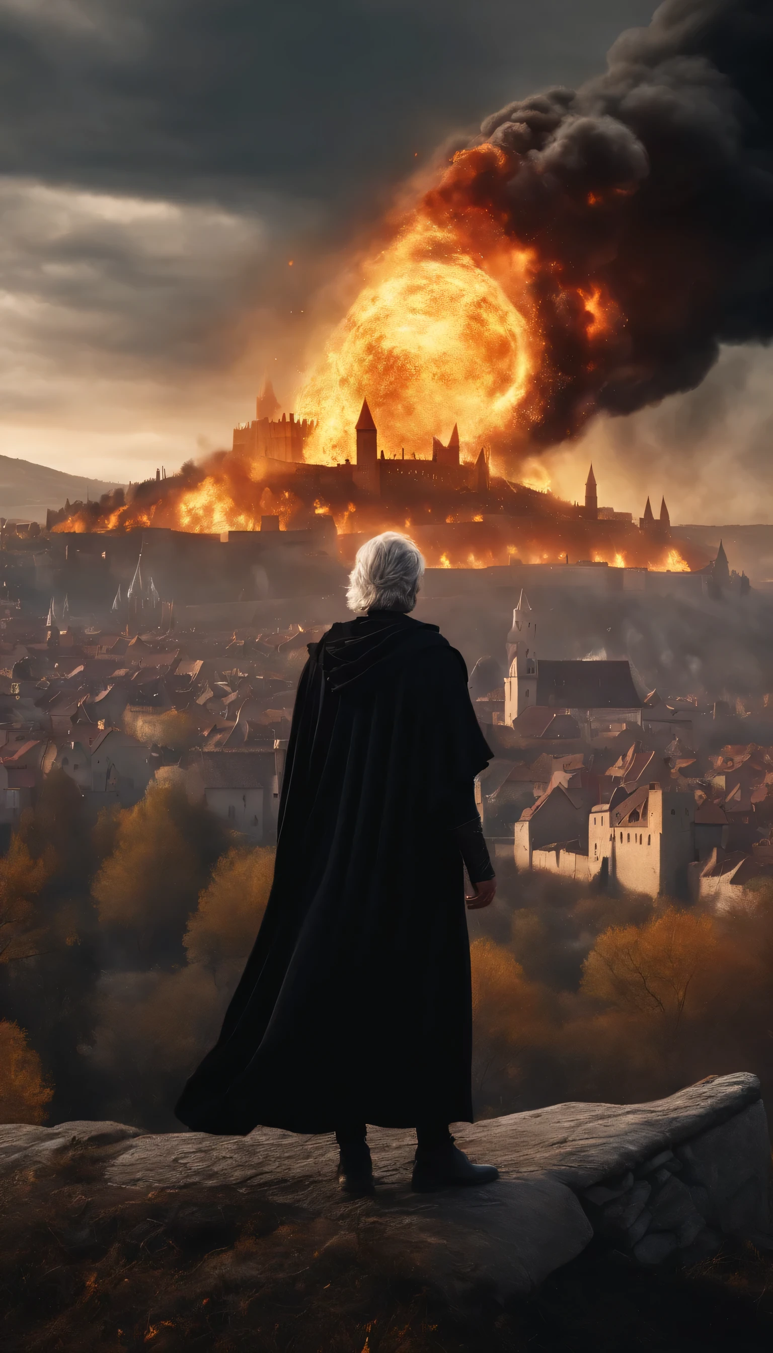 8k, close distance portrait, a male wizard with black clothes and grey short hair from behind, throwing a super massive huge fireball to medieval army like in lord of the rings in the distance from hill, with a burning medieval army background the distance