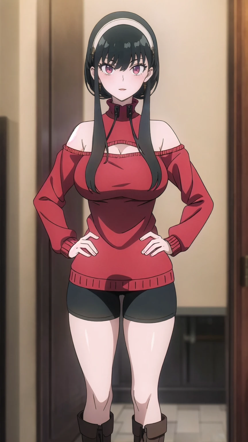((Masterpiece)), beautiful details, perfect focus, uniform 8K wallpaper, 4320p, high resolution, exquisite texture in every detail, Medium shot photograph, ((1 girl)), solo, looking at viewer, ((((gigants_breasts)))), hands on hips, (((well drawn and drawn hands: 0.8))), (hidden_hands), setting pose, spread lengs, open-lengs, Focus two feet, Yor has black hair, pale skin, dark red eyes and has a slim build. She usually wears her long hair tied up with two long front strands, while the back is usually tied up. He appears to be of average height, possibly around 160+ centimeters. She always wears pointed earrings shaped like her favorite weapon. Normally she usually has calm and gentle expressions, but when she gets drunk or too angry she is seen with threatening and dark expressions, She wears a red sweater with bare shoulders and a slight neckline in the back, black leggings and brown ankle boots. She also usually wears her hair loosely tied up with a white headband,