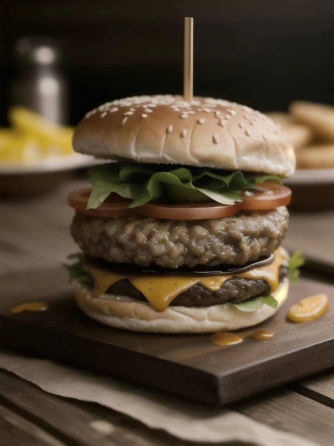 Macro photo of a delicious hamburger on a wooden table in a rustic and sophisticated restaurant, food photograph, advertising photography, sharp macro quality, warm colors, Luz tenue, extremadamente detallado, hermoso, establecimiento de tiro, artistic, Hyper realistic, Octane representation, cinematic lighting, dramatic lighting, Obra maestra, luz flagrante, extremadamente detallado
