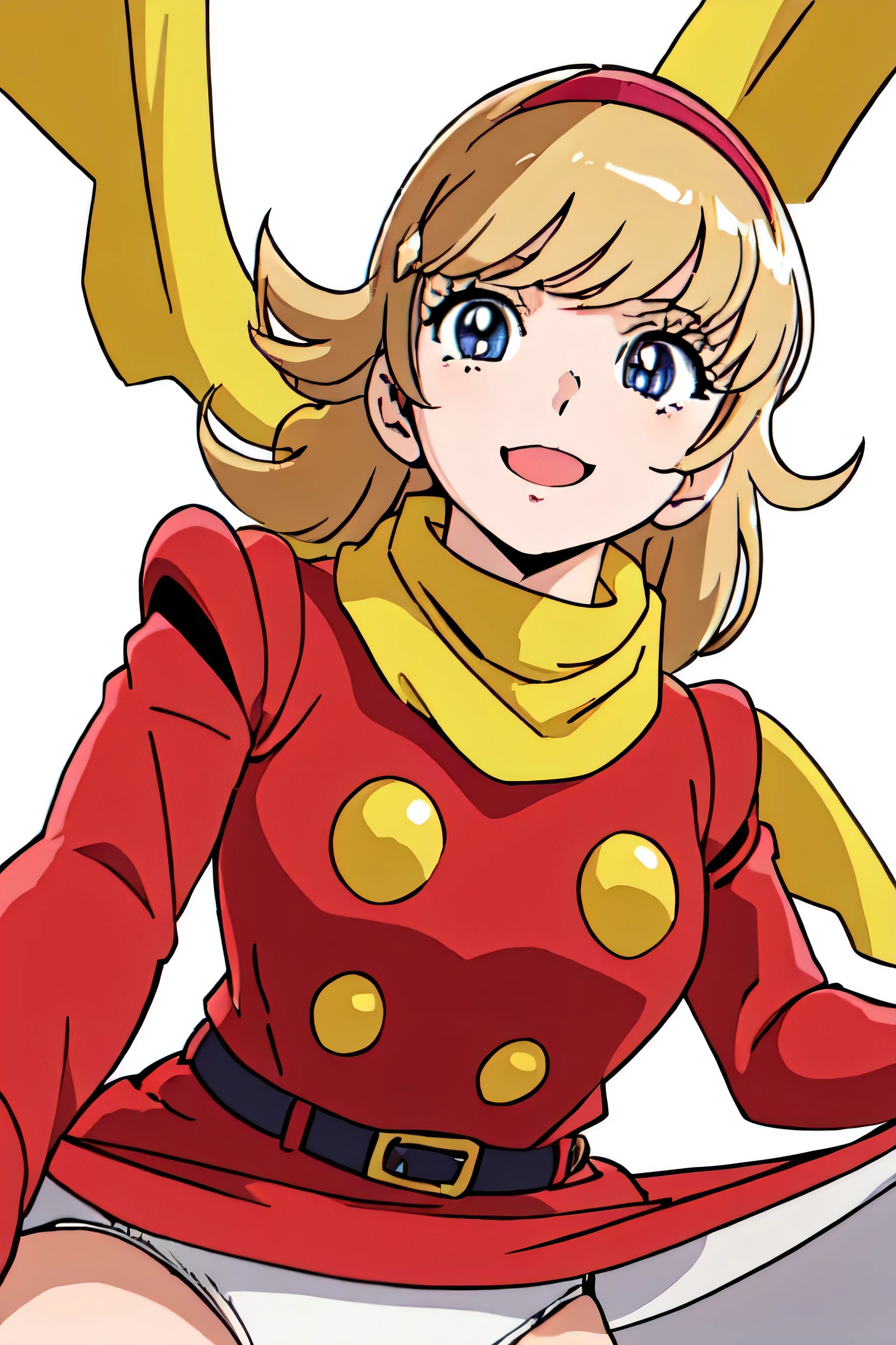 Cyborg 003, city, mini skirt, Blonde, Yellow scarf, From below,(highest quality, masterpiece, RAW Photos,Very detailed:1.2), One girl,alone,View your viewers, smile, Cowboy Shot, Skirt Hold, White panties, street, Are standing,Very detailedCG, (Perfect hands, Perfect Anatomy), View your viewers, Center the image, (upper_body), Official Art, (From below:1.5), (Low Perspective:1.5)