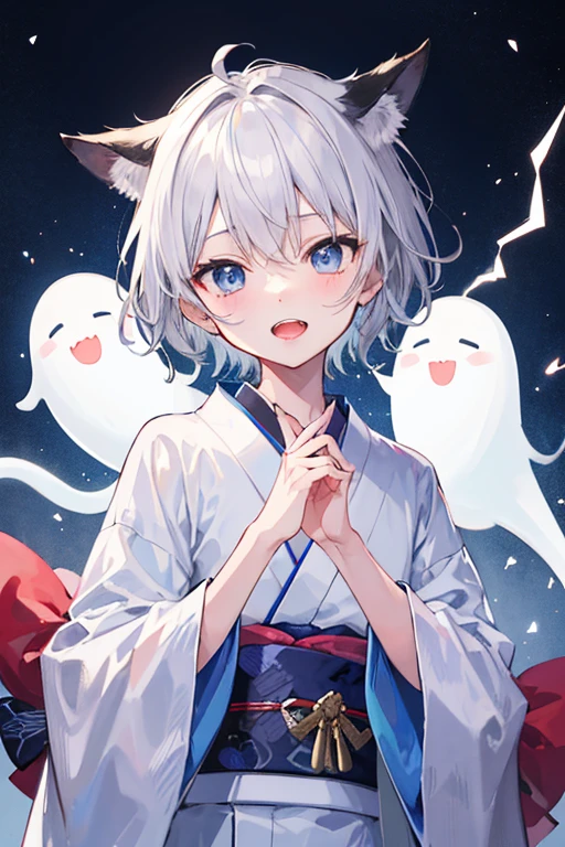 ghost One Boy Silver Hair Blue Eyes Costume kimono ghostの角 Mouth open, teeth visible 歯はghostの牙 Looking at me Upper Body Blood on cheek One Boy ghost