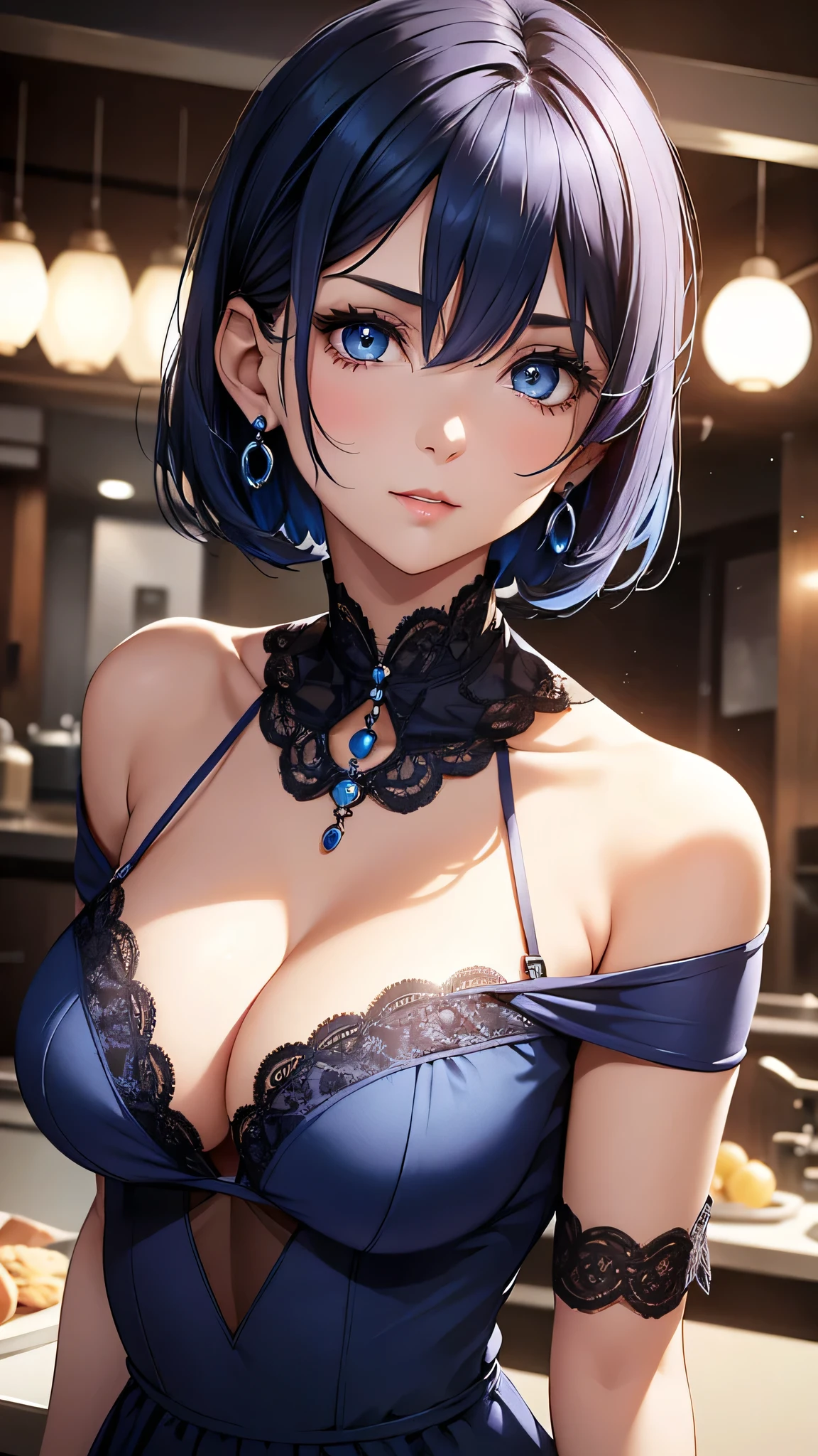 Beautiful Girl, Navy Blue Hair,short hair(Inward Curling Bob) ,blue eyes,Navy Blue Dress, White lace、Big Tits、blue earrings,In close range、blue necklace、Poses that accentuate the chest、Firm breasts