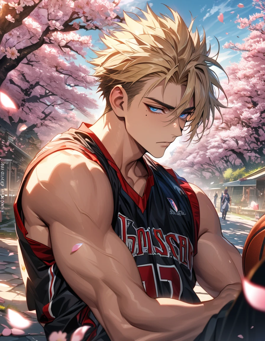 Ultra detailed, Highres, HDR, absurdres, Vash Stampede, expressive blue eyes, blond hair, Trigun, sexy man, handsome, solo, extremely detailed face and eyes, petals, blossoms, spring, master piece, basketball uniform, cherry blossoms, mole under his eye,