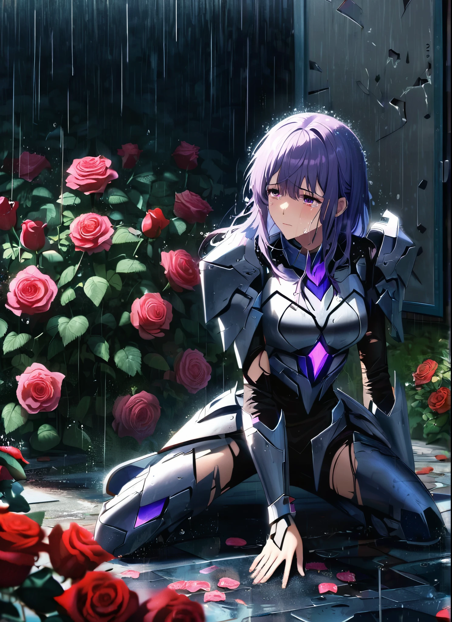 A girl, kneeling in the floor, wearing a shattered and broken angelical armor, missing pieces ,ripped clothes, broken helmet ,broken shield and broken sword, in tears, sad, dramatic scene, tears flowing in the face, garden, roses, rain, ultra detailed face