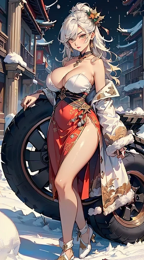 Miss,1 female,((milf,Mother,Mature,Chengshi,45-year-old female,Breast:1.5),(Mature雌性 , Large Breasts,下垂of乳房、Cleavage, cleveage、Thick thighs, Wide hips, Curvy beauty, Perfect body，),(((金色of頭髮:1.4,Straight Hair,Long hair:1.4,Colored undercoat))),((of_Eye:1.3)),Wheels within wheels Eye,beautiful detailed Eye,symmetrical Eye,((((Dark Skin:1.4,Glowing skin:1.5,Bright skin: 1.5,dark tanned skin,有光泽of皮肤,very 有光泽of皮肤,闪亮of身体,Skin glow)))),(Lower abdomen,Willow Waist,Wide hips,Blonde Body,Inflatable legs,精致细致of手指),(((细致of脸部))),

可爱of,debauchery,感性of,诱人of look,诱人of,((of)),华丽of,luxury,Eagerly,((National Foundation)),

Queen,goddess,fantasy,(beautiful winter 银色of衣服,silver filigree),((strapless Red Dress,很长of红裙子,Red Dress)),(银色of衣服),(((Ice Jewelry,Wheels within wheels necklace,Christmas jewelry,Detailed clothing))),cleveage,silver filigree,((Eyehadow,優雅of妝容,Eyelid makeup,gold lips,gold lipstick)),((Transparent cloth:1.1)), (((Sexy White Fur Coat, White fur coat, Wearing a white fur coat:1.3,winter white coat))),Red gloves,(((Wheels within wheels outfit,Wheels within wheels clothes,Embroidered Clothes,华丽of服装,Embroidered clothes,华丽of衣服))),

(Dynamic poses:1.0),尴尬of,(Center,Scale to Fit,Rule of Thirds),

((夜晚of雪松林)), heavily clouded,winter,landscape:1.25,((Snow forest background)),Christmas tree,

high resolution,Clear focus,(Super detailed,Extremely detailed),(写实of艺术作品:1.37),(Extremely detailed CG unity 8k wallpaper),(((鲜艳of色彩,充满活力of主题))),(Wheels within wheels),(masterpiece),(最好of质量),