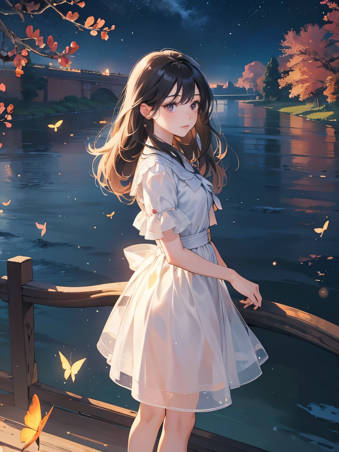 The original, (masterpiece), (illustration), (Extremely beautiful), (perfect details), (Unity CG 8K Wallpaper:1.05), (Beautiful clear background:1.25), (Depth of Field:0.7),1 Girl,huanxiaoyi , (Standing by the river:1.15).(Hair flutters in the wind:1.1),Butterflies flying around, (moonlight:0.6), Tree, (summer), (night:1.2), (close up:0.35), (Gloves:0.8), Solitary ,