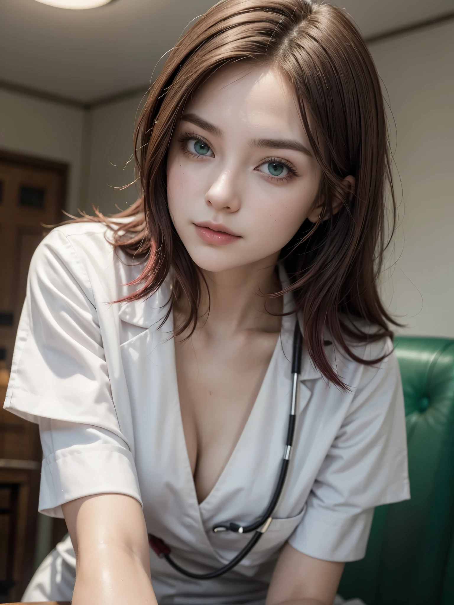 Hot girl, wine color hair, green eyes, nurse