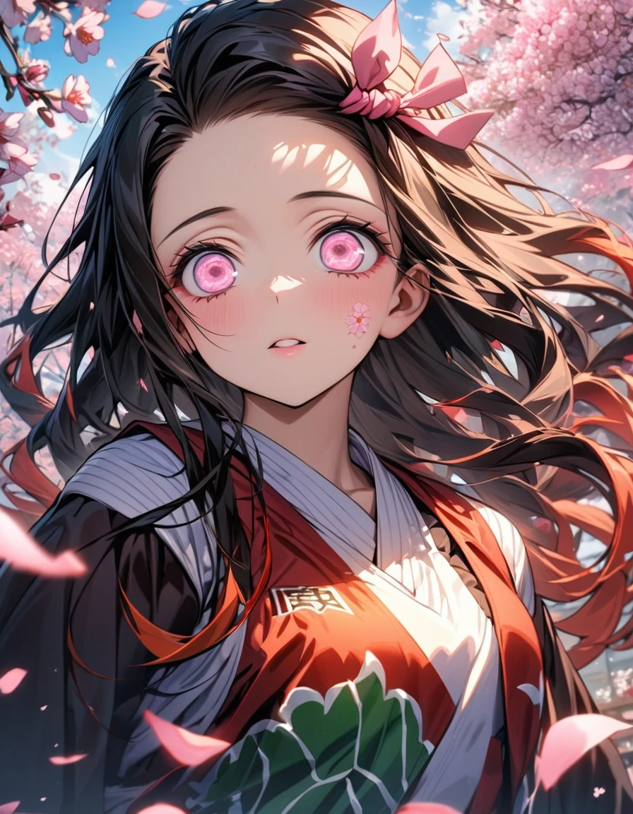 absurdres, highres, ultra detailed, HDR, masterpiece, extremely detailed face and eyes, Kamado Nezuko, expressive pink eyes, Kimetsu No Yaiba, solo, woman, extremely beautiful, basketball uniform, spring, blossoms, petals