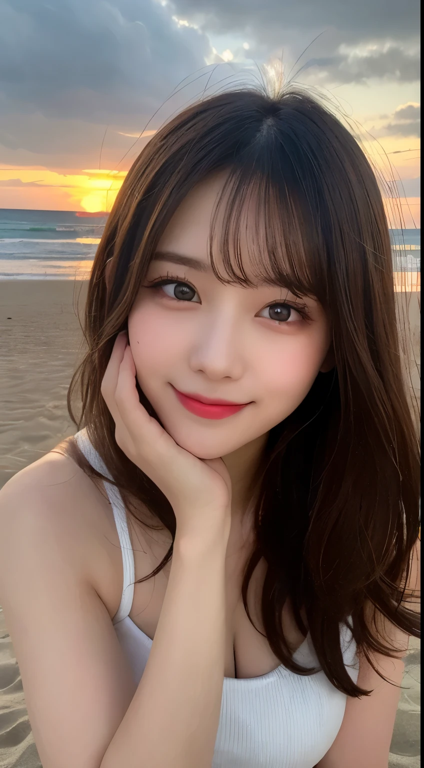 Tabletop, highest quality, shape, Very detailed, finely, High resolution, 8k wallpaper, 完璧なダイナミックな構shape, Beautiful and detailed,ランダムなcute髪,,Natural color lip, Bold sexy pose,smile、20-year-old girl、cute、Looking at the camera,Always blur the background,Perfect and beautiful face,Slim face and figure,Big eyes、Putting on gal makeup,Small face,Shooting from below、smile,Blurred Background,Elegant feminine face、Cyberpunk Fashion、smile、Beach、sunset