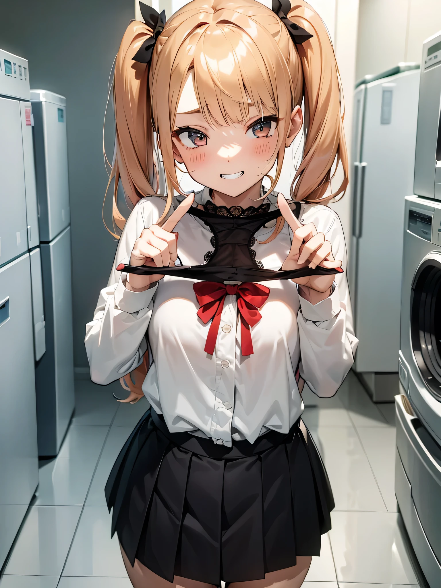 One girl,
Laundry room,washing machine, Laundry basket, a few underwears are in a Laundry basket,
Blonde, {{{Half Twin Tail:1.3}}}、break,blush, bow, Red Bow, Long sleeve, shirt, Collared shirt, skirt, Pleated skirt, black skirt, Small breasts,
{{{Face close-up}}},Upper Body,,Pay attention to lace panties,Quality underwear,
Look down,View your viewers,
Lace panties as a gift,
Tabletop, highest quality, , Absurd, Perfect Skin, Detailed skin texture, Ultra-detailed, 8k, Intricate details, Beautifully detailed face,High resolution,
 {{{Shadowed face}}}, mock, {{{Grit your teeth:1.2}}}, smile, Looking down at the viewer, masterpiece,Absurd, Beautiful detailed face when viewed from the front,