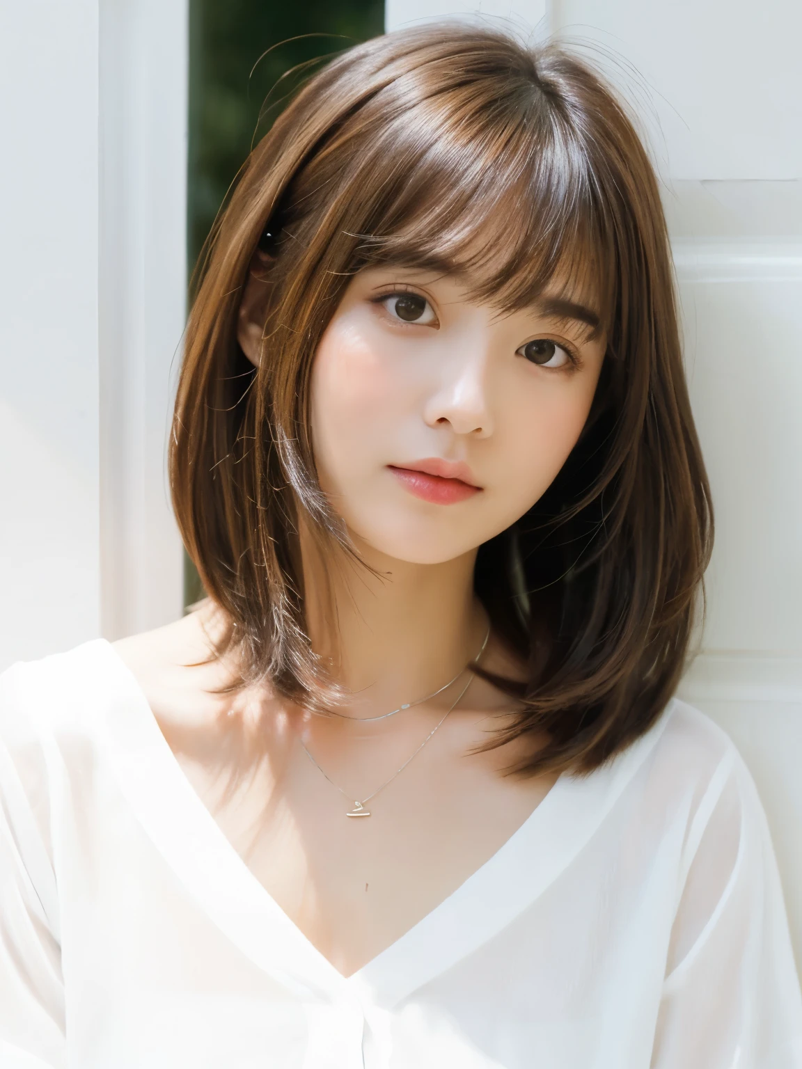 Close-up of a brown-haired woman in a white shirt, Shoulder-length hair, Shoulders - Length hair, Medium length hair, Curtain bang, Medium length hair, with short hair, Shoulder-length hair, White princess cut hairstyle, Korean symmetrical face, short～Medium Hair, Neat hairstyle with bangs、White wall、In front of a white door、((窓のあるWhite wallの部屋))、Various poses、Simple Necklace、Layered Cut、Don&#39;Don&#39;t look at the camera