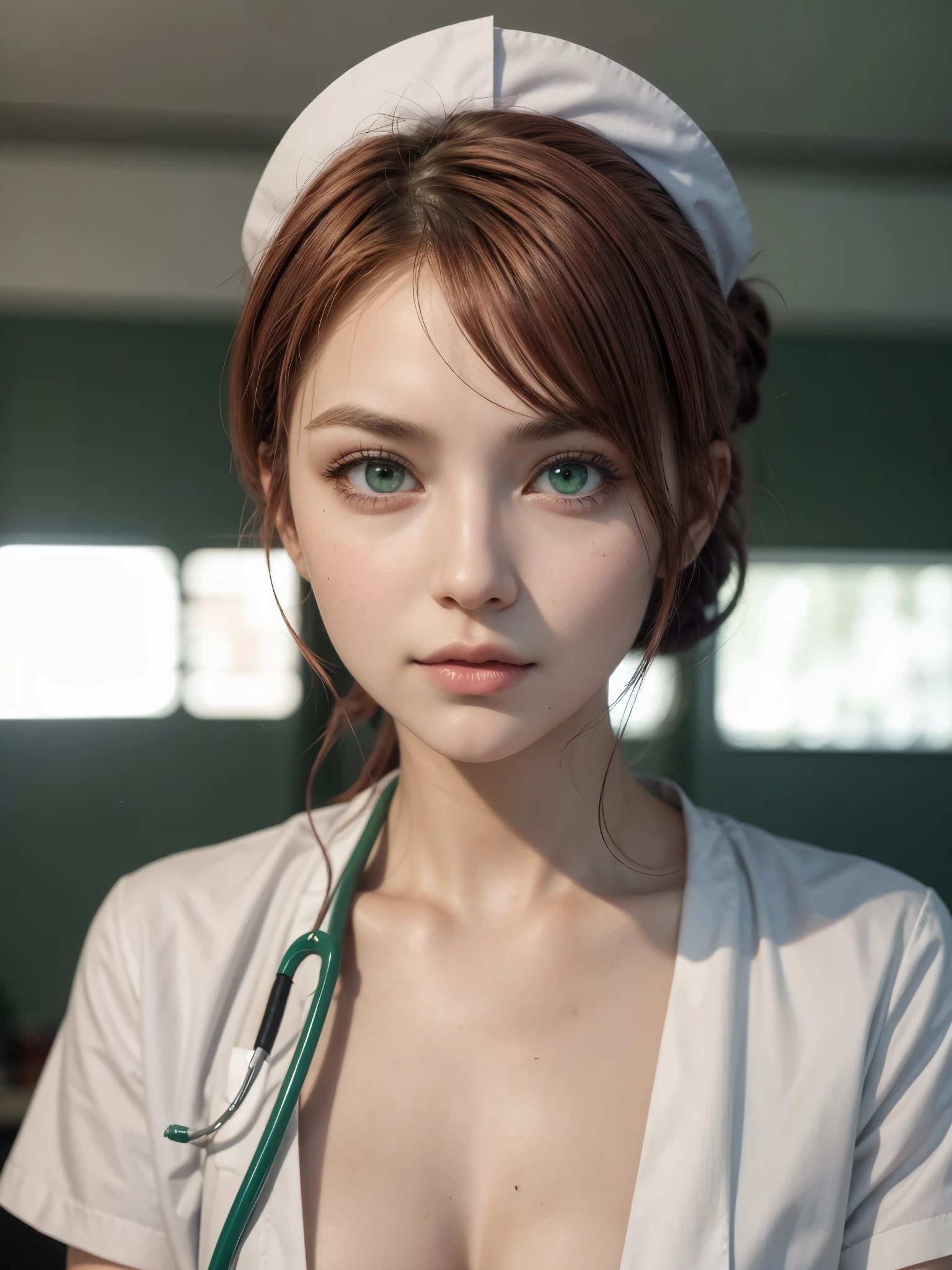 Hot girl, wine color hair, green eyes, nurse