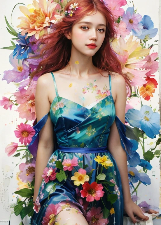 High quality, masutepiece, watercolor paiting, Cleaning technology, Colorful, Paint dripping and scattered, Paintings like Agnes Cecil, Blurry, Pale touch, Dirty outlines, Like in a fairy tale, Beautiful woman made of flower coloring, Feminine expression using flowers and plants, Cut and combine petals and leaves, Using flower colors and shapes to draw women's hair or dresses, Bright colors and nature, luminism, 3D Effects, Enhanced beauty, Albert Anker, Feel like John Howe, Greg Rutkowski, ArtGerm, wlop, luminism, isometric, by Yukisakura, awesome full color,