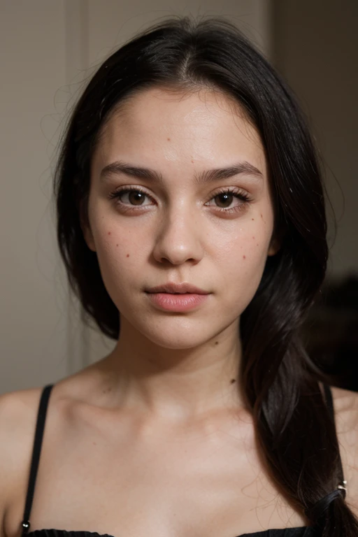 Generate a teenage girl with black hair, diamond shaped face cut, 5.5feet height and 2-4 small point sized marks on her face
