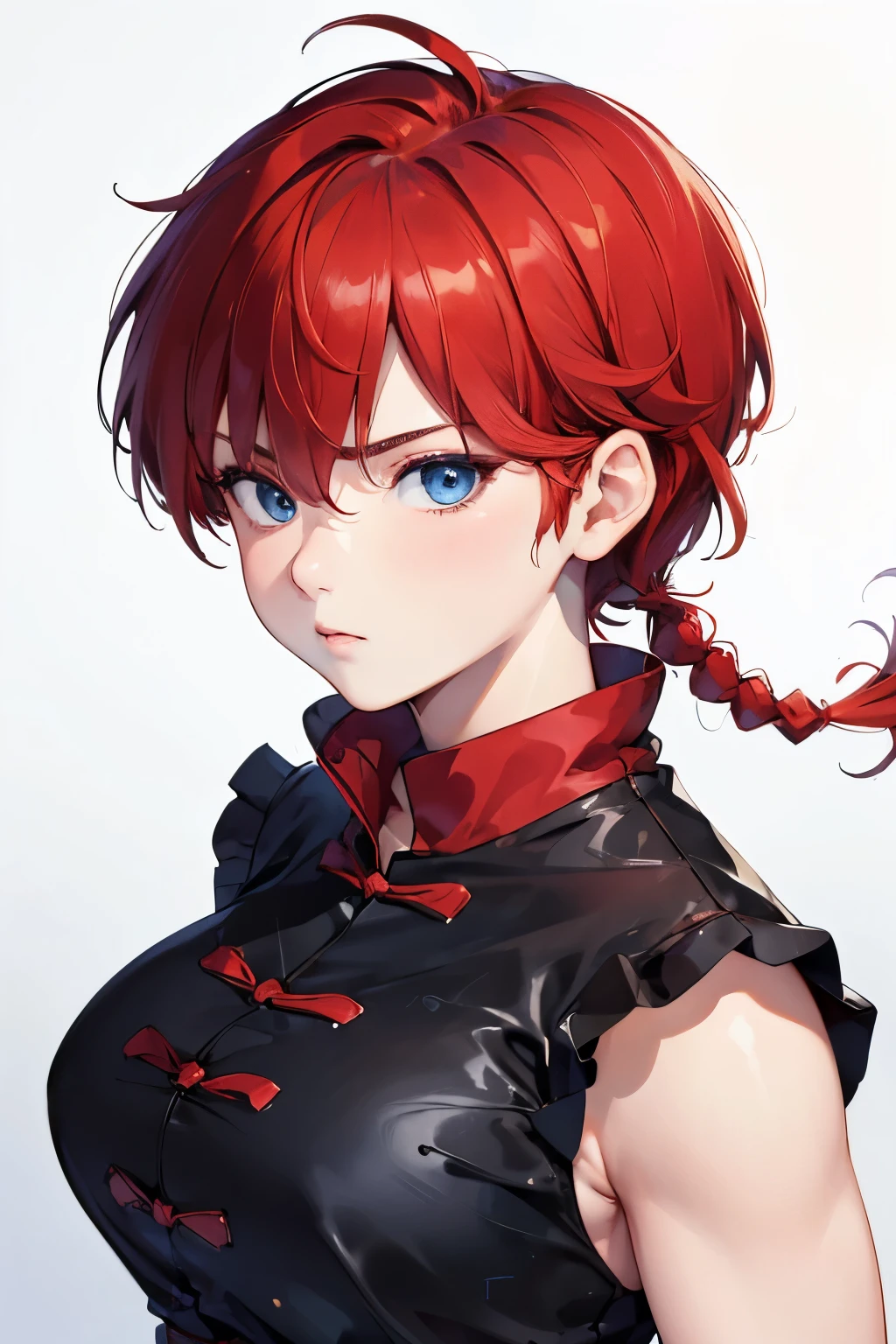 ((masterpiece)), high quality, very_high_resolution, large_filesize, full color, heavy outline, clear outline, colorful, (beautiful detailed eyes), ((beautiful face:1.0)), ((boyish face:1.4)), 1 girl, (femaleranma), (red hair), short hair, (braided ponytail), ((bangs)), bumpy bangs, blue-gray eyes, big breasts, curvy, femaleranma, braided ponytail, (red chinese clothes), sleeveless, tangzhuang, black pants, cameltoe, standing, upper body, ((from front:1.4)), ((portrait:1.8)), ((face focus:1.4)),