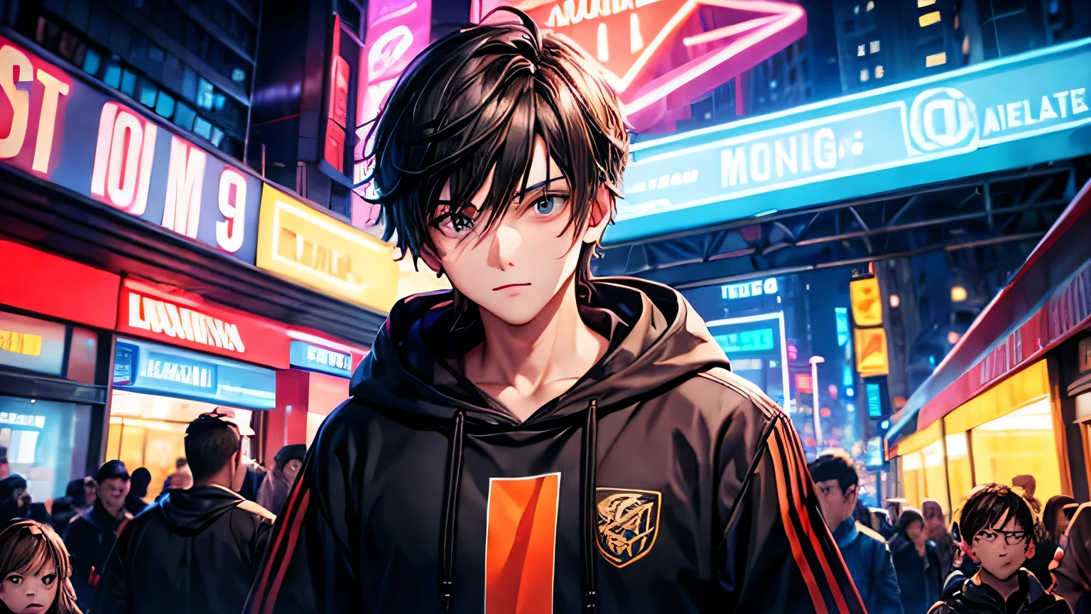 male Handsome Large hoodie Headphones bustling street Neon Light midnight high resolution Detailed Images Detailed facial expressions Detailed Hair Detailed clothing