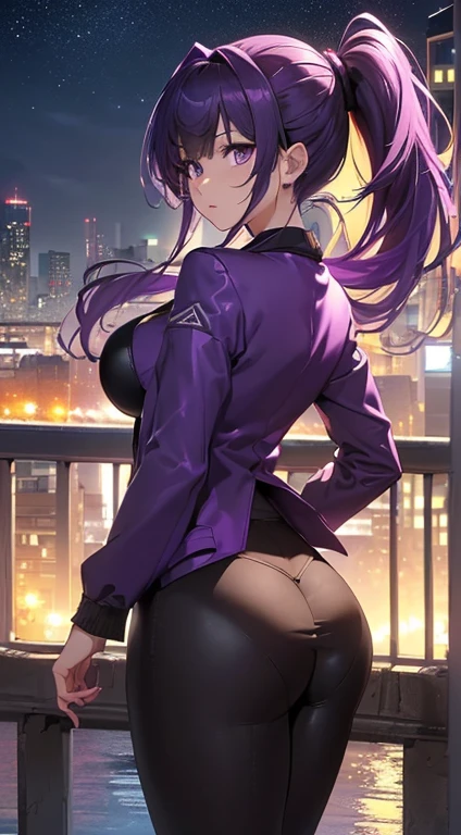 top-quality、Top image quality、masterpiece、girl with((18year old、Best Bust、big bast,Beautiful purple eyes、Breasts wide open, Purple ponytail、A slender、Large valleys、Purple、Black jacket,Purple cargo,Red high heels、Reflecting the whole body、Purple Necklace、Red face、Slippery texture、Headphones on the head,Holding your phone in your hand、Flying Attack Drone、posterior view、emphasis on the buttocks、Anxious face))hiquality、Beautiful Art、Background with((A city that shines at night)))、,masutepiece、visualart、depth of fields、