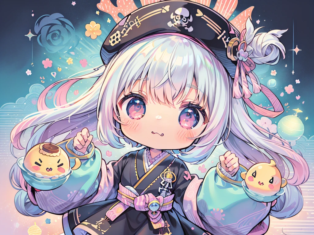 (masutepiece),(Best Quality),(floating),(High resolution),(Dynamic Angle),(beautiful japanese female),(kawaii, Cute, Tiny, Chibi:1.3),Goddess-like posture,female pirate style、white hair、bob cuts、black pirate clothes、a black skirt、Pink ruffles、solo、skull pattern hat