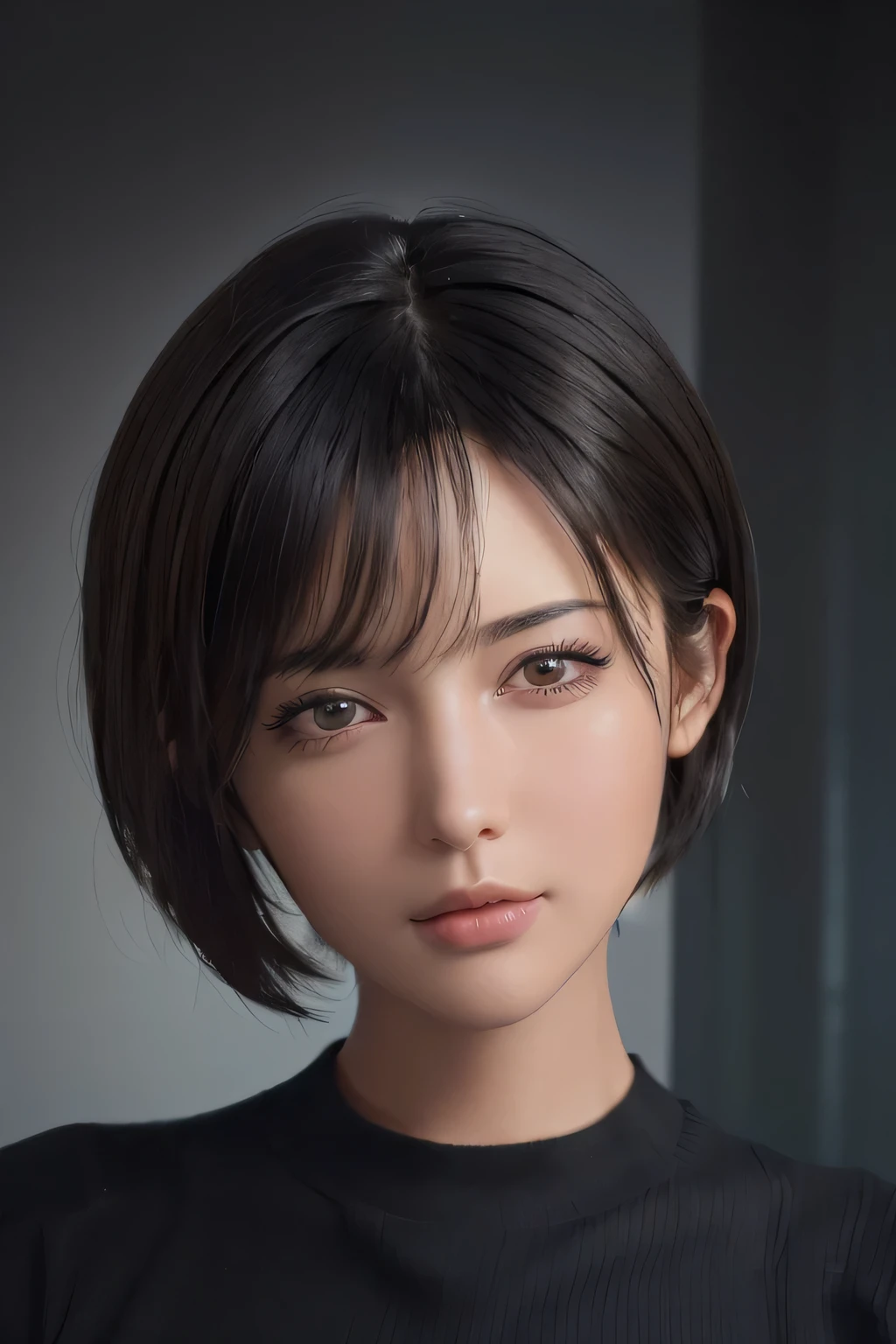 (masterpiece:1.3), (8k, photorealistic, RAW photo, best quality: 1.4), (1girl), beautiful face, (realistic face), (black hair, short hair:1.3), beautiful hairstyle, realistic eyes, beautiful detailed eyes, (realistic skin), beautiful skin, (sweater), absurdres, attractive, ultra high res, ultra realistic, highly detailed, golden ratio