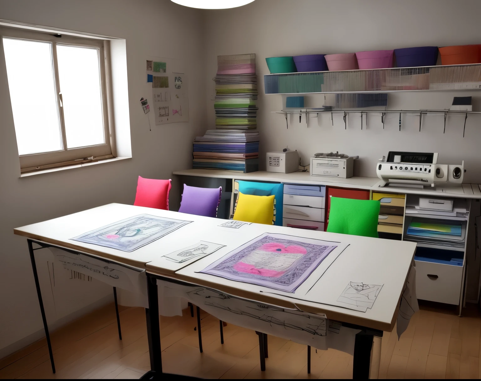 Room where there is a table with a sewing machine, hilos de colores, design sketches, telas, patrones de costura, T-shirts printed with LGBT pride designs