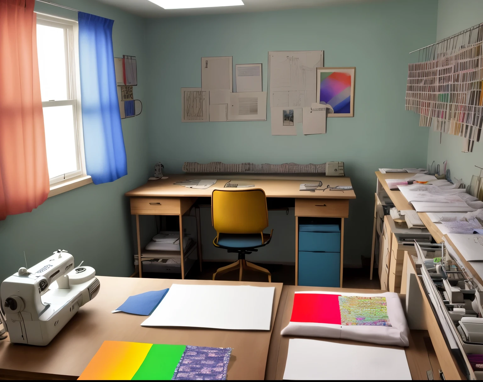 Room where there is a table with a sewing machine, hilos de colores, design sketches, telas, patrones de costura, T-shirts printed with LGBT pride designs 